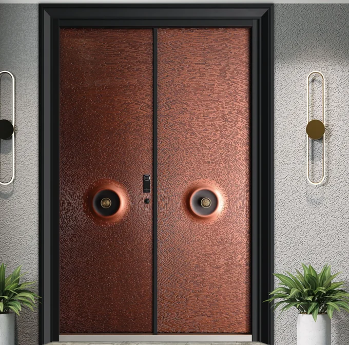 ELMNT-026 — Paired circular details, aluminium entrance door