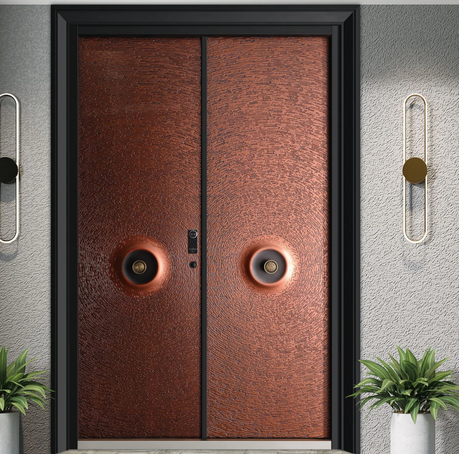 ELMNT-026 — Paired circular details, aluminium entrance door