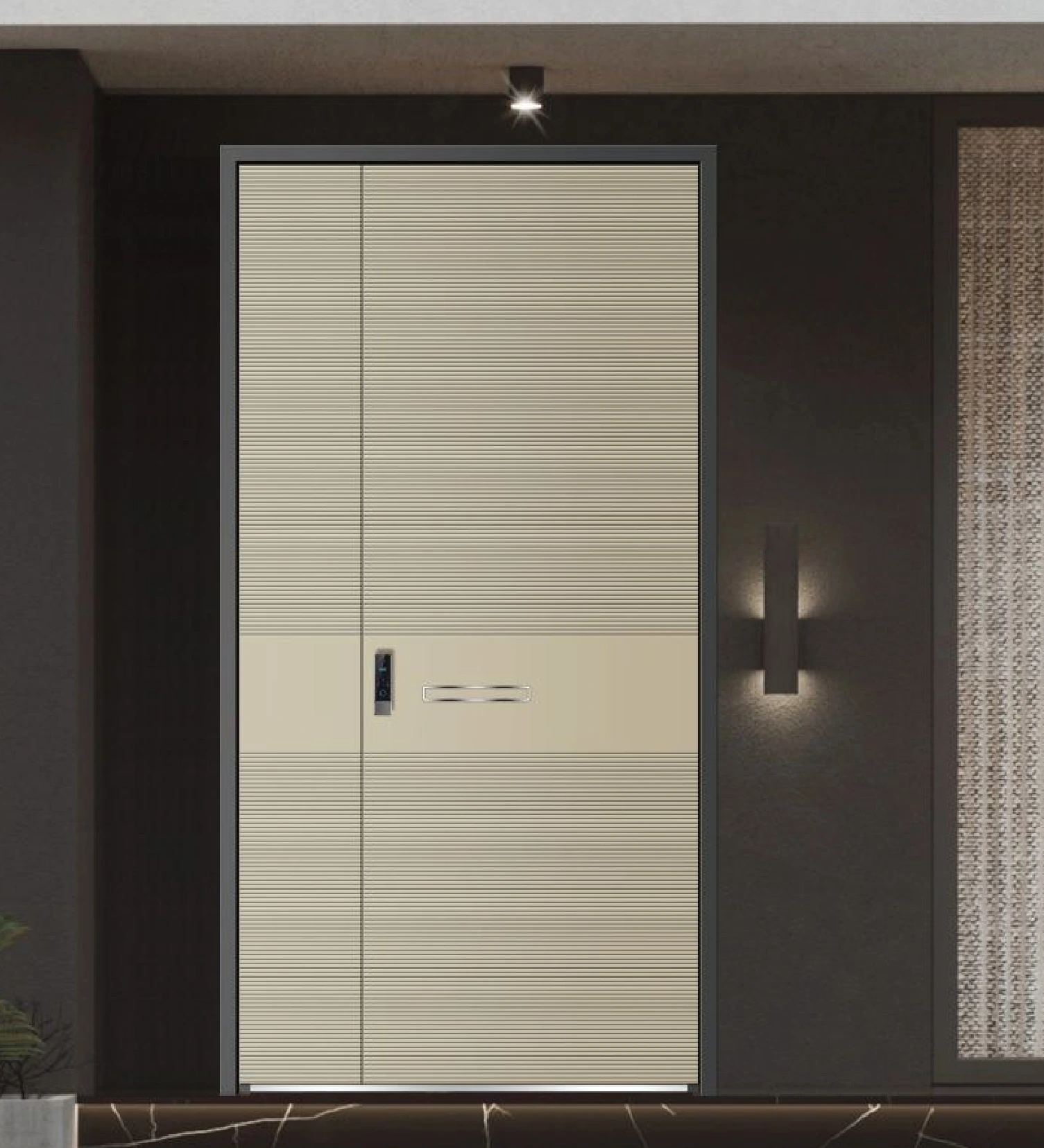ELMNT-041 — Minimal warm neutral, aluminium entrance door