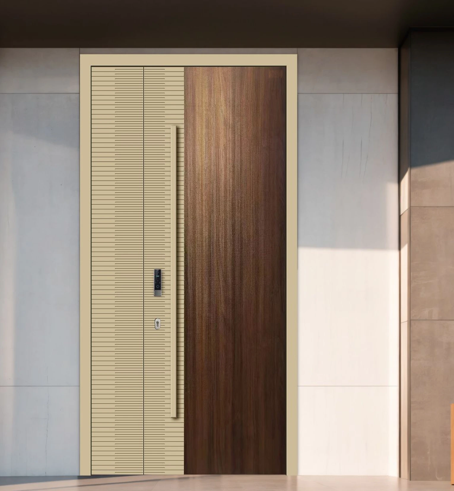 ELMNT-042 — Long linear pull, aluminium entrance door