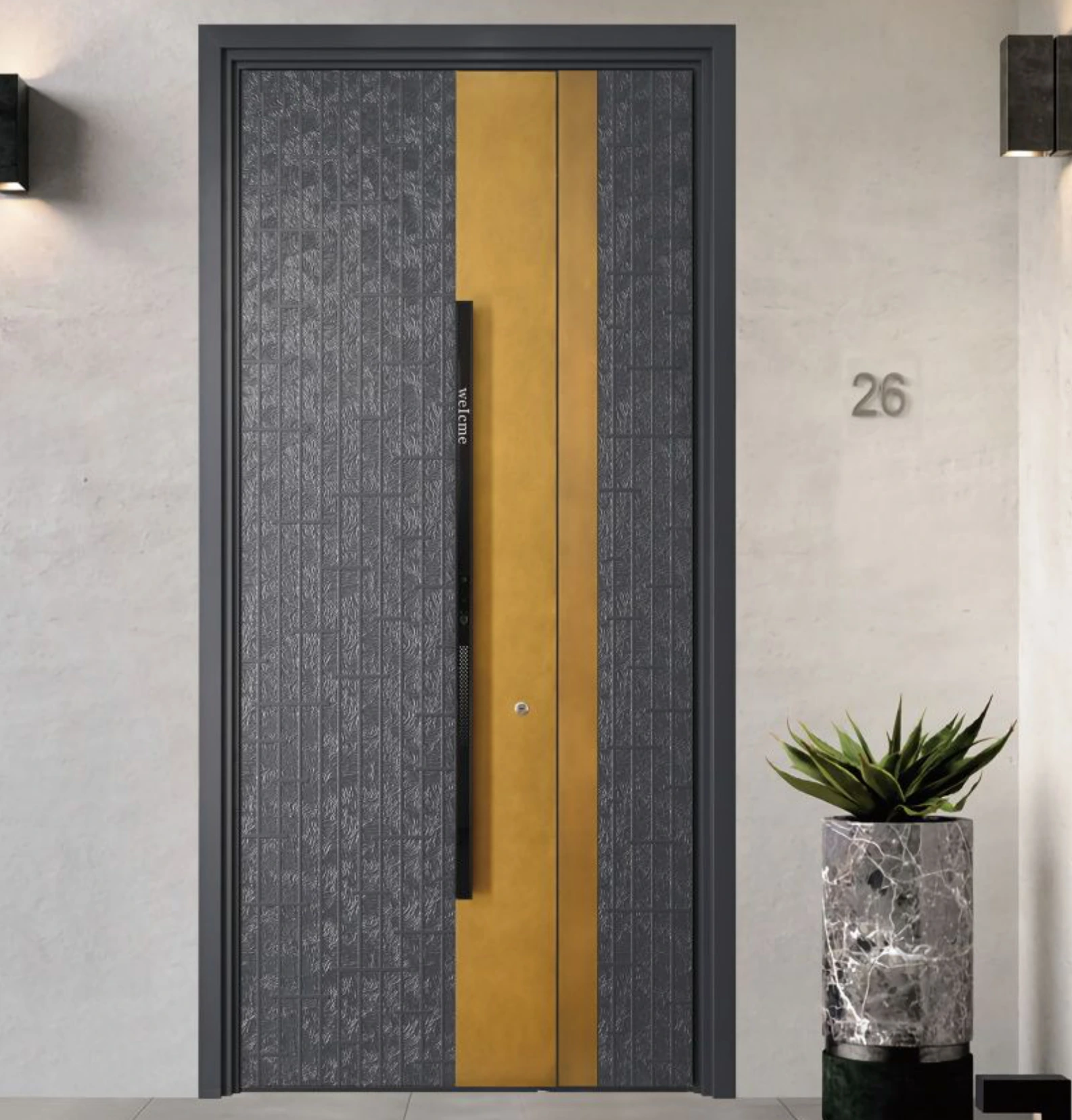 ELMNT-091 — Gold vertical accent, aluminium entrance door