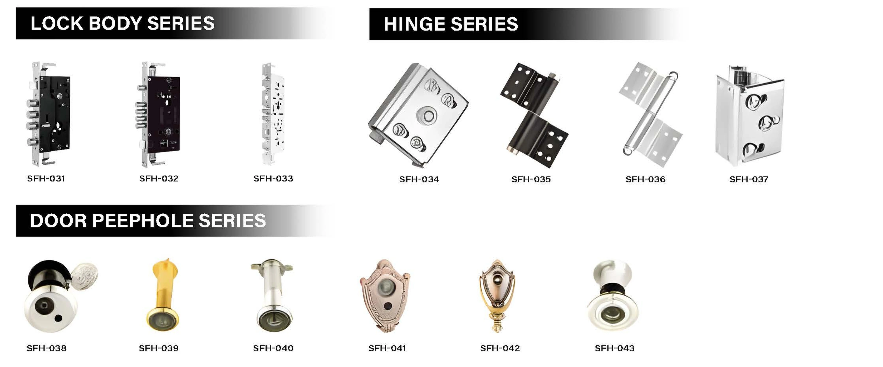 Door lock bodies, hinges and peephole components